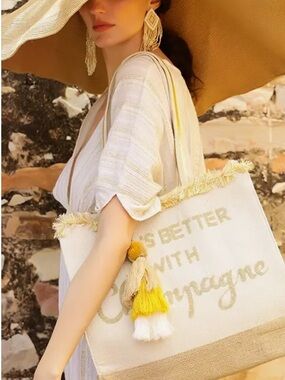 Life is Better with Champagne Tote Beaded in India America & Beyond Vacay Bridal